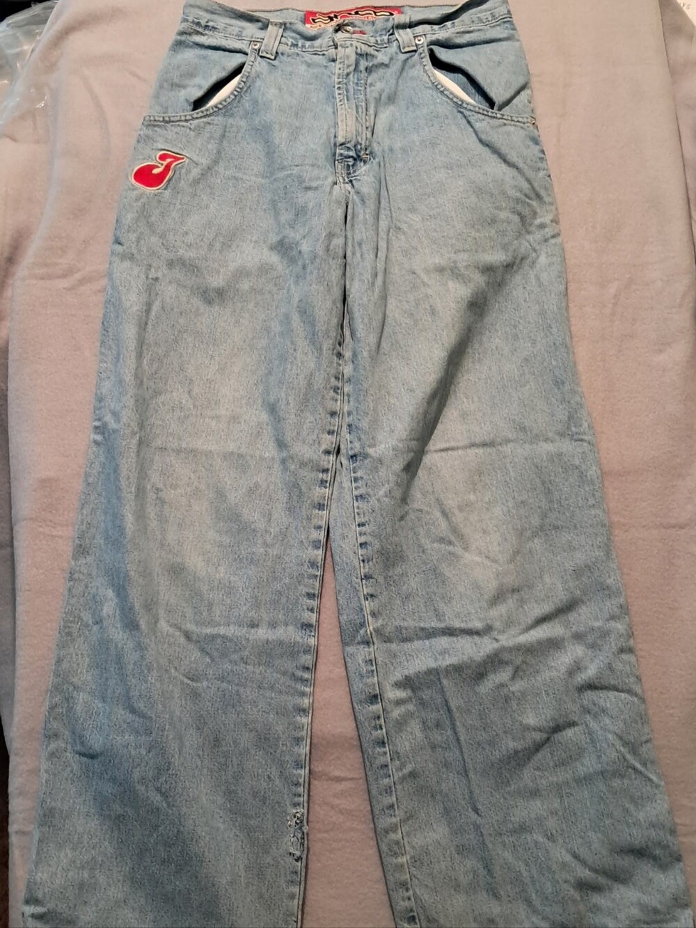 Vintage JNCO Girlie Stuff Light Blue Wide Leg Jeans Red Patch Loosey Girl 1057.
